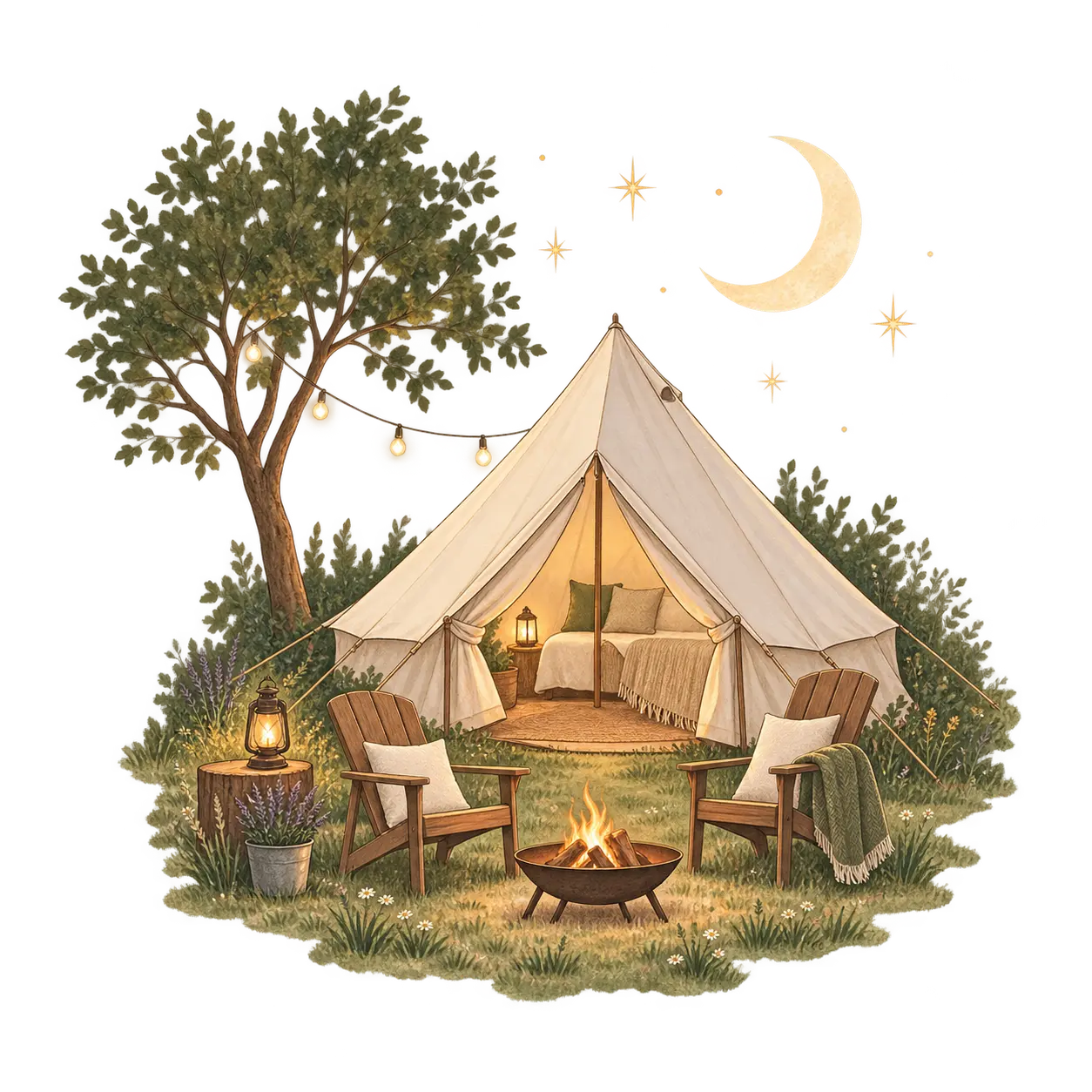 A cozy illustrated camping scene with a bell tent, two wooden chairs, a fire pit, string lights, a tree, and a crescent moon on a plain light background.