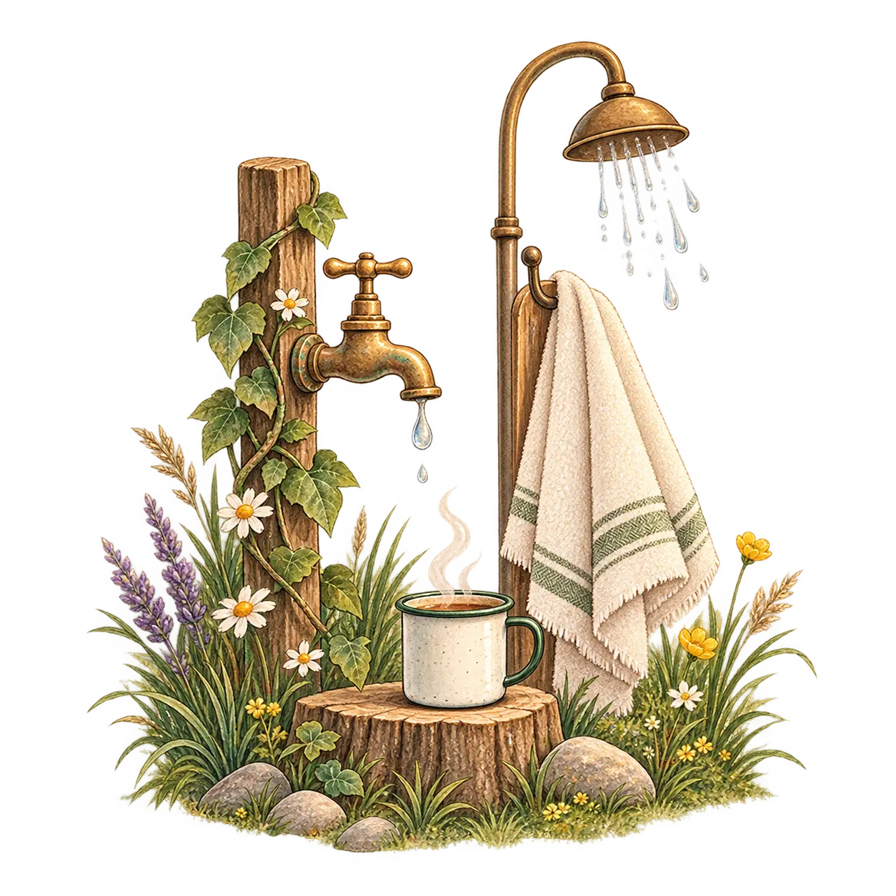 A whimsical illustrated outdoor shower scene with a brass faucet and shower head, a cream towel hanging from a post, a steaming mug on a tree stump, grass, flowers, and rocks on a white background.