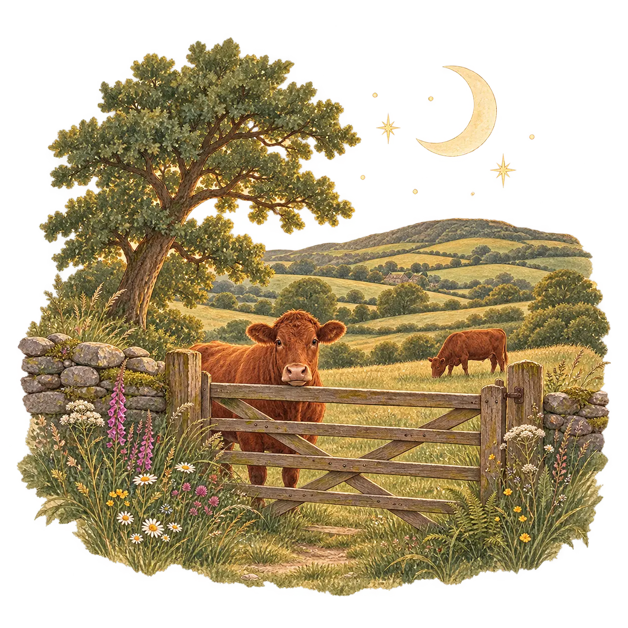 A pastoral landscape illustration showing a brown cow standing behind a wooden gate in a grassy field, with another cow in the distance, a large tree, stone walls, and a crescent moon with stars in the sky.