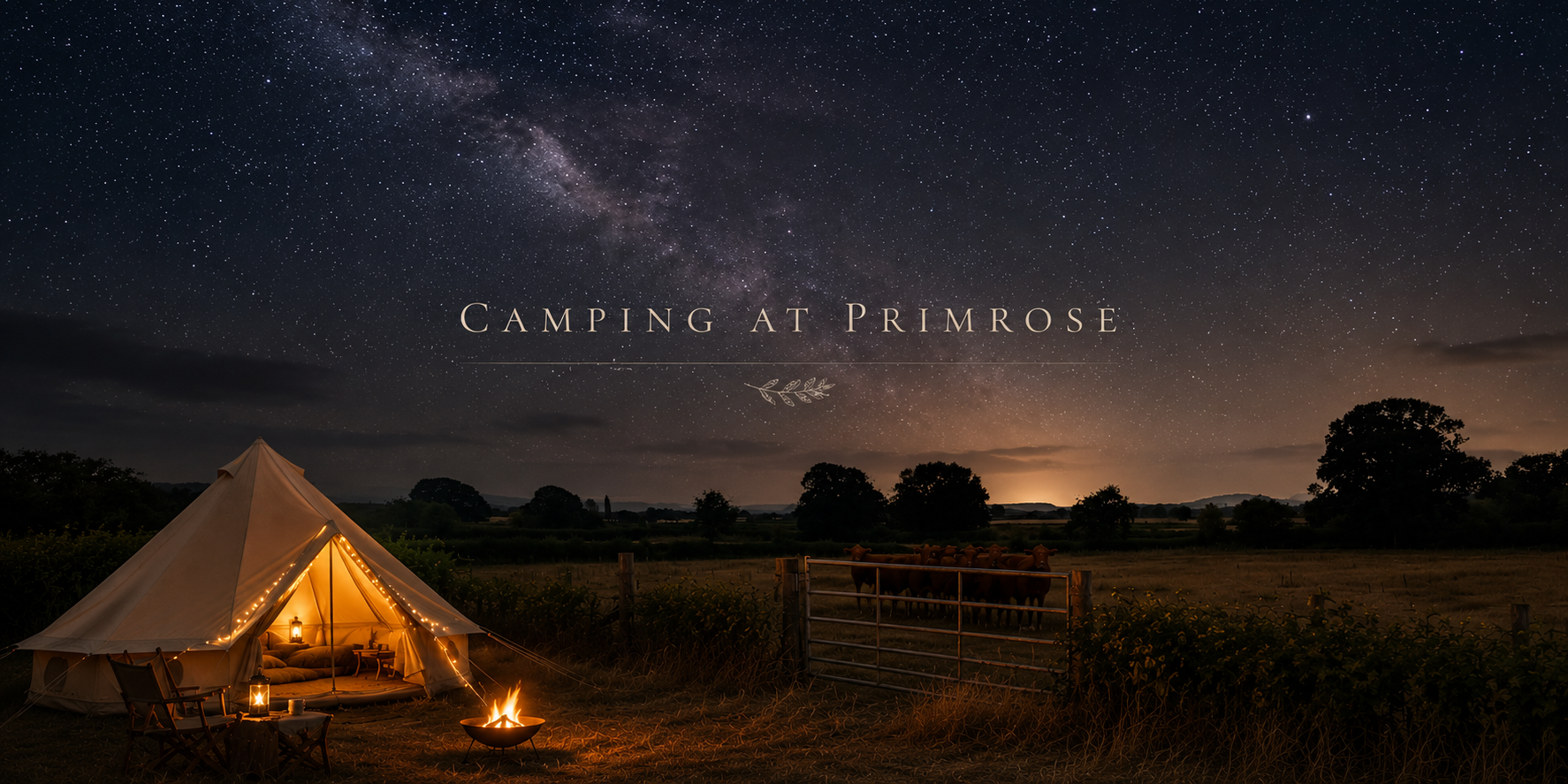 Camping at Primrose beneath a star-filled dark sky, with a warmly lit bell tent overlooking the North Dorset countryside and Red Devon cattle grazing beyond the campsite fence.