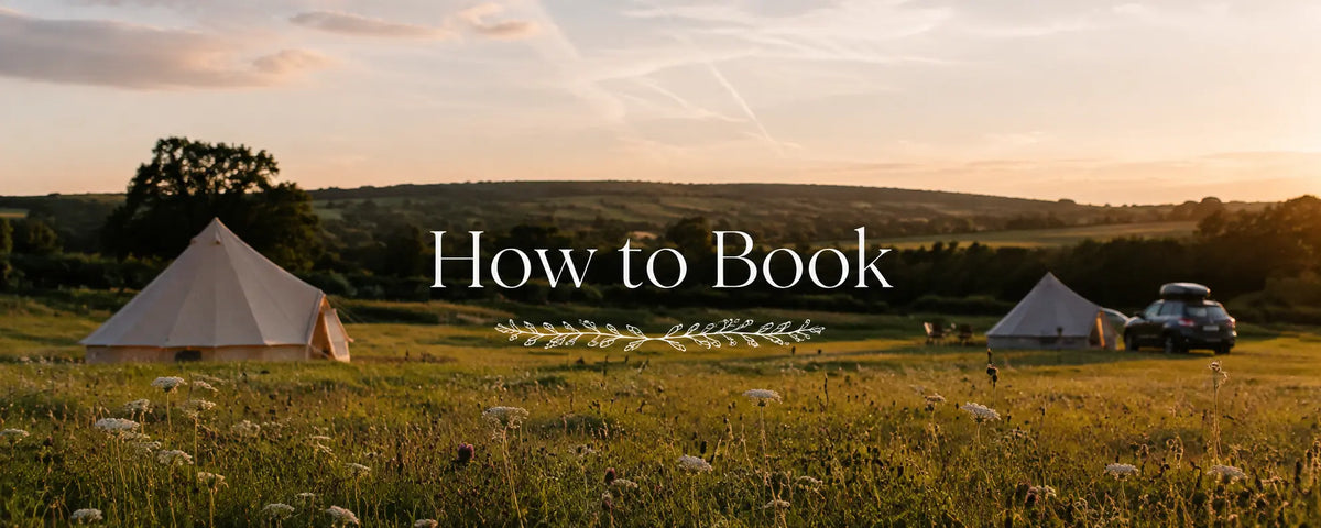 A scenic outdoor camping landscape at sunset with two canvas tents in a grassy field, a car parked nearby, and large overlaid text reading 'How to Book' across the center.