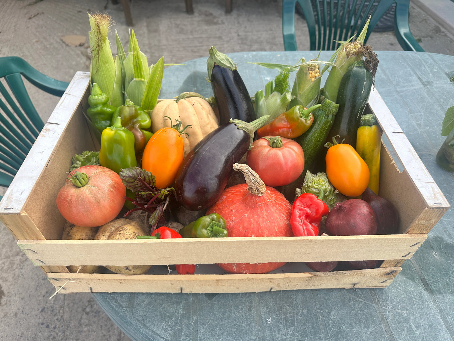 Assorted fresh vegetables grown on the farm in a wooden crate at Primrose Organic Produce